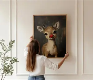 [UNFRAMED] Rudolph Painting Reindeer Cute Print, Whimsical Deer Christmas, Red Nose Christmas Wall Art, Moody Vintage Rudolph Poster, Rustic Artwork