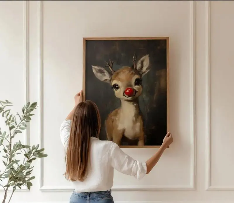 [UNFRAMED] Rudolph Painting Reindeer Cute Print, Whimsical Deer Christmas, Red Nose Christmas Wall Art, Moody Vintage Rudolph Poster, Rustic Artwork