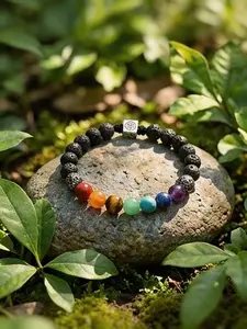 2pc Chakra Rainbow Stone Bracelet, Volcanic Rock Base, Adjustable Drawstring, Calming Energy Gift, Casual Beaded Design, All Seasons