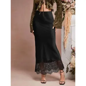 Women's lace trimmed skirt, high waisted slim fit mid length skirt, autumn and winter style, elegant floral designRAIMENTRY