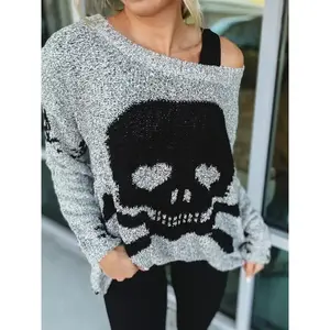 Cozy Skull & Heart Crochet Knit Sweater - Soft, Stretchy Pullover with One-Shoulder Design and Back Print for Women