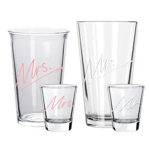 Mr & Mrs Drinking Glasses Set, Includes 1 Pack 16oz Mr Beer Glasses, 1 Pack 12oz Mrs Water Glasses, 1.5oz Shot Glasses Set of 2 Perfect Wedding Gift for Couples, New Marriage Present