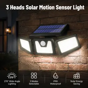 Solar Outdoor Security Flood Lights,4500LM 306LED 3-Heads with Remote Control,270°Wide Angle Motion Sensor,IP65 Waterproof, Easy Installation,3 Modes for Backyard