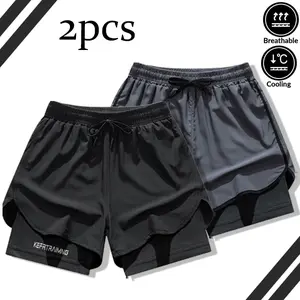 2-Pack Men’s Summer New Tropical-Style Slim Fit Casual Sports Shorts, Faux Two-Piece Design, Elastic Waistband with Drawstring for Adjustable Tightness, Side Pockets for Convenient Carry and Storage, Knit Fabric—Sweat-Wicking, Breathable, Soft and Comfort