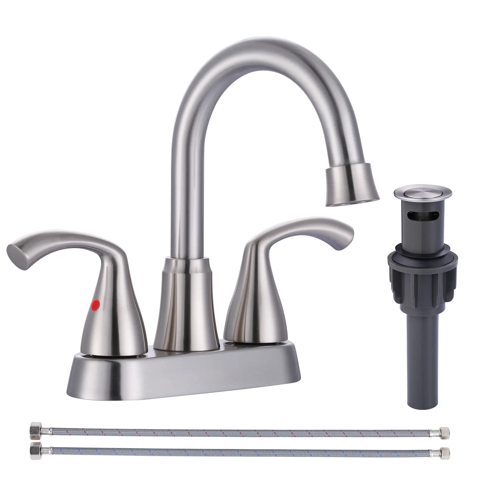 WOWOW 4 in. Centerset Double Handle High Arc Stainless Steel Bathroom Faucet - Rotatable Rotary Centerset Sink Faucet with Included Lift-and-Turn Drain in Brushed Nickel, Rotatable Rotary Faucet