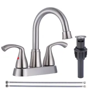 WOWOW 4 in. Centerset Double Handle High Arc Bathroom Faucet with Pop-up Drain Included in Brushed Nickel