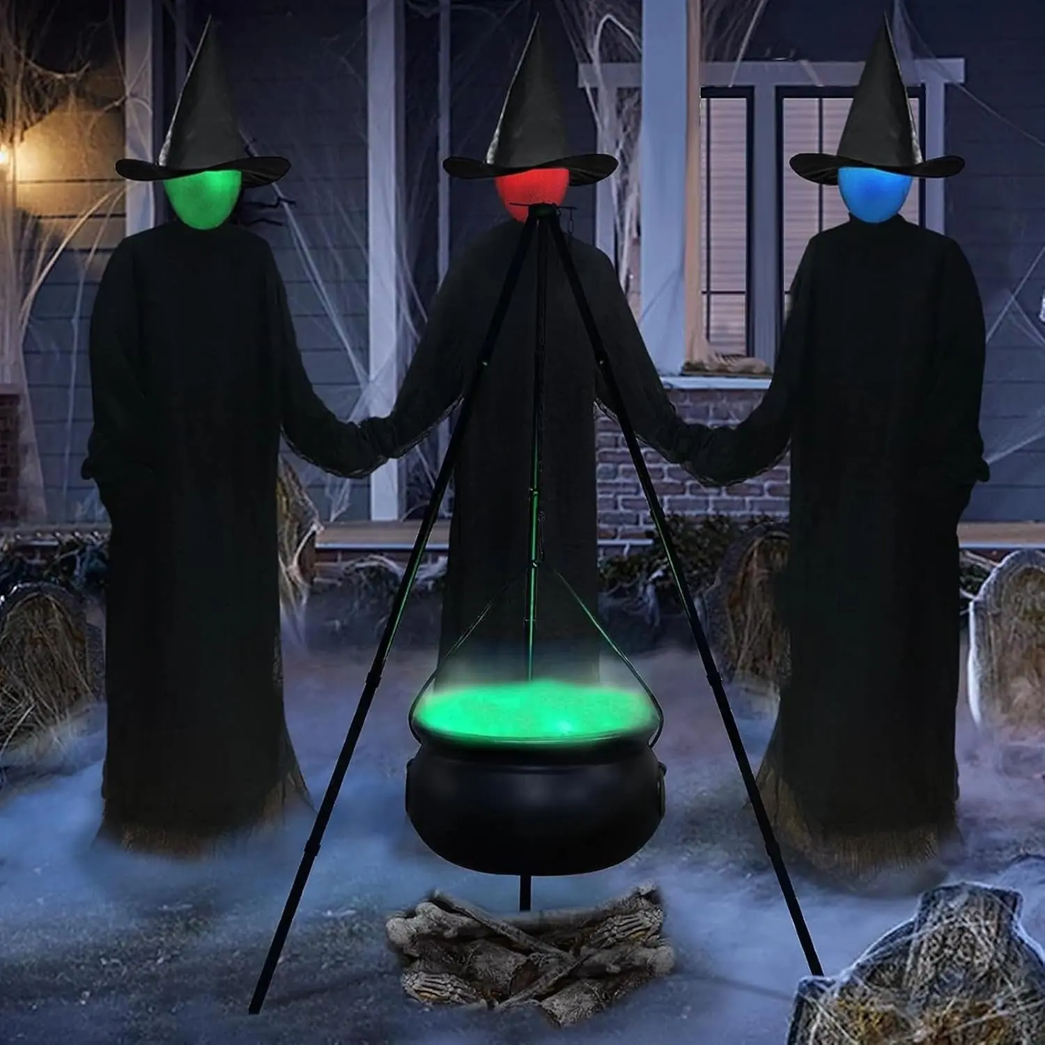 Halloween Decorations Outdoor - Large Witches Cauldron on 51.18" Tripod| Hocus Pocus Candy Bucket Black Plastic Witches Bowl with String Lights and Cotton, Halloween Decor, Black Plastic Bowl, Home Party Room Decor , Indoor Outside Yard Lawn Use