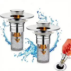 2-Piece Bathroom Sink & Shower Drain Strainer Set, Removable Stainless Steel Hair Catcher Filter Basket with Rubber Seal, Brass Core 2-in-1 Anti-Clog Drain Stopper for Standard Bathroom Sinks