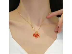 Red Maple Leaf Birthstone Cubic Zirconia Minimalist Necklace for Women,Maple