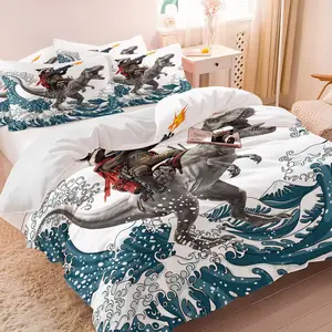 3Pcs Raccoon Dinosaur Duvet Cover Set, 1 Duvet Cover + 1/2 Pillowcases, 3D Cartoon Animal Bedding for Kids, Soft Microfiber Japanese Wave Print Bed Set, Perfect Gift for Dinosaur & Raccoon Lovers