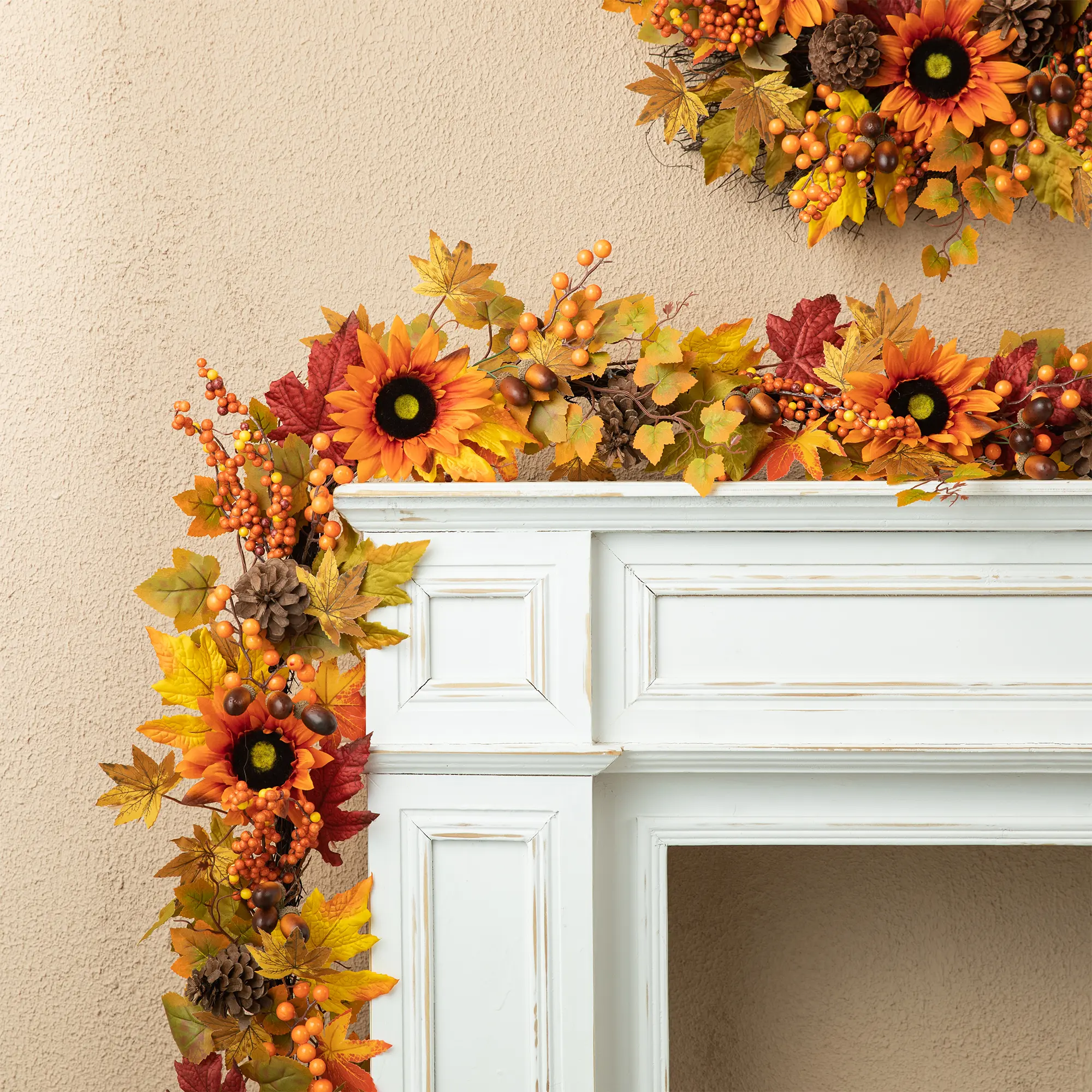 Glitzhome 6ft Plastic Fall Garland with Sunflowers, Maple Leaves and Berries - Home Decor Ornaments for Room, Wreath Accessory