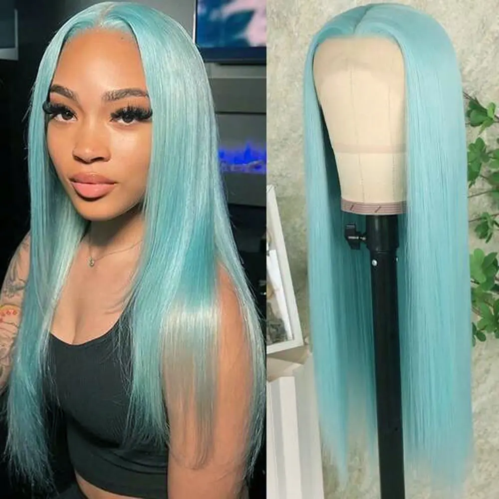13x4 Tiffany Blue 24 Inch Straight Lace Front Wig – Heat-Resistant Synthetic Fiber, Natural Pre-Plucked Hairline with Baby Hairs, Glueless Adjustable Cap, and Lightweight Beginner-Friendly Design for Quick Wear