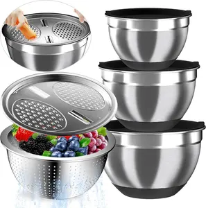 Mixing Bowls with Airtight , Stainless Steel Mixing Bowl Set with 3 Metal Nesting Bowls, Colander & Grater, Non-Slip Bottoms, Size 1.5, 2.5, 5 QT,  for Mixing & Serving, Black