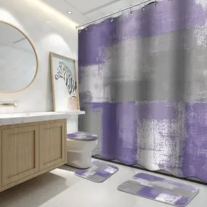 4-piece Purple Bathroom Shower Curtain Set with Rug Purple and Gray Painting Art Bathroom Set with Shower Curtain, Rug, and Accessories
