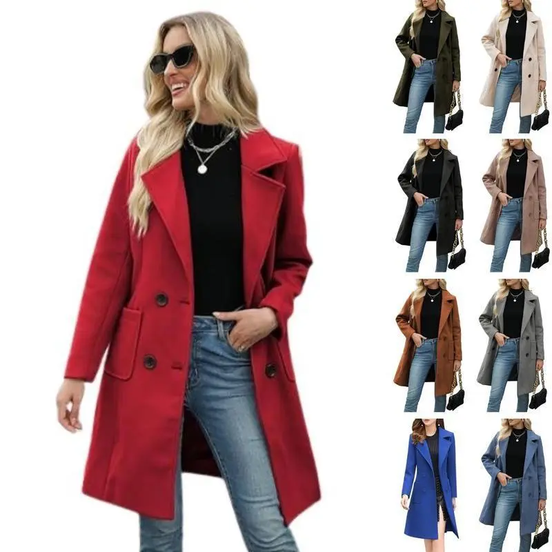 Women's Winter Wool Blend Camel Hair Mid-Length Coat with Notched Double-Breasted Lapel Jacket