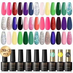 Rosalind Newly Gel Nail Polish Set 20 Various Color Shinny Effect Gel Polish Set with Gel No-wipe & Matte Top Coat Base Coat Need Uv Nail Lamp to Dry
