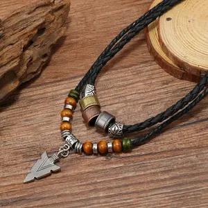 Vintage Fashion Handwoven Necklace Alloy Arrow Leather Wax Wire Wood Bead Double Necklace