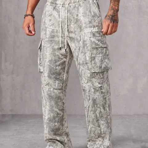 Men's Camouflage Woven Cargo Pants - Relaxed-Fit Preppy Vintage Utility Trousers with Elastic Drawstring Waist, Multi-Pocket Loose Straight Leg, for Daily Wear, Workout, Urban Casual