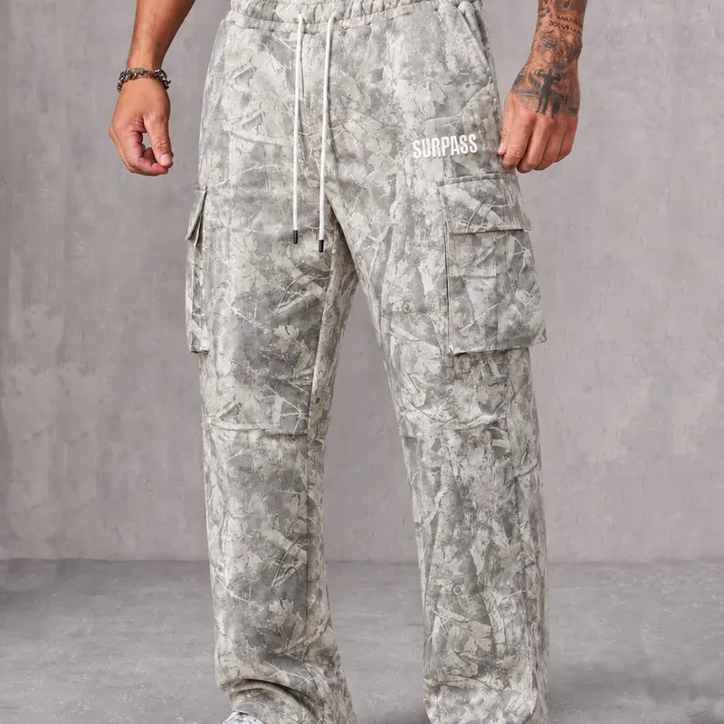 Men's Camouflage Woven Cargo Pants - Relaxed-Fit Preppy Vintage Utility Trousers with Elastic Drawstring Waist, Multi-Pocket Loose Straight Leg, for Daily Wear, Workout, Urban Casual