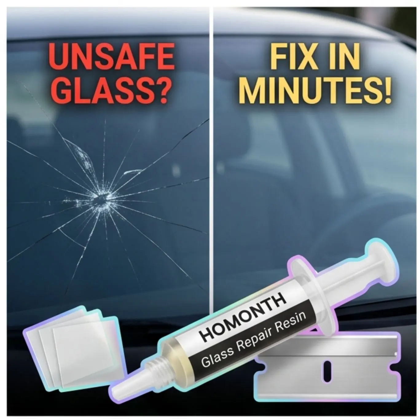 Homonth Cracked Windshield Repair Kit, Automotive Glass Care Solution with Epoxy Coating for Cracks and Scratches