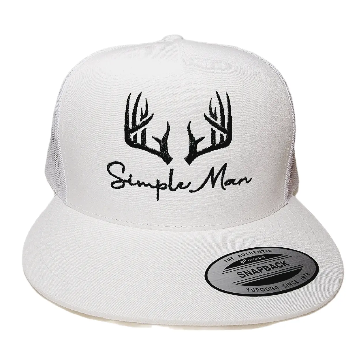 Simple Man Hunter White Trucker Style Hat - Mesh, Adjustable Stylish, Snapback Fit, Direct Embroidered Flat Bill, Solid Color, Adjustable Stylish Hat, Solid Color Hat
