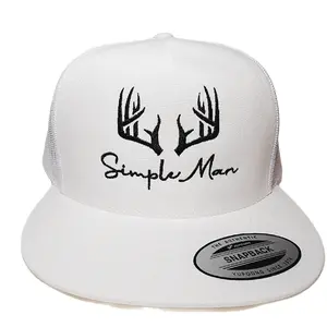 Simple Man Hunter Mesh Adjustable Snapback Direct Embroidered Flat Bill Trucker Hat Cap White