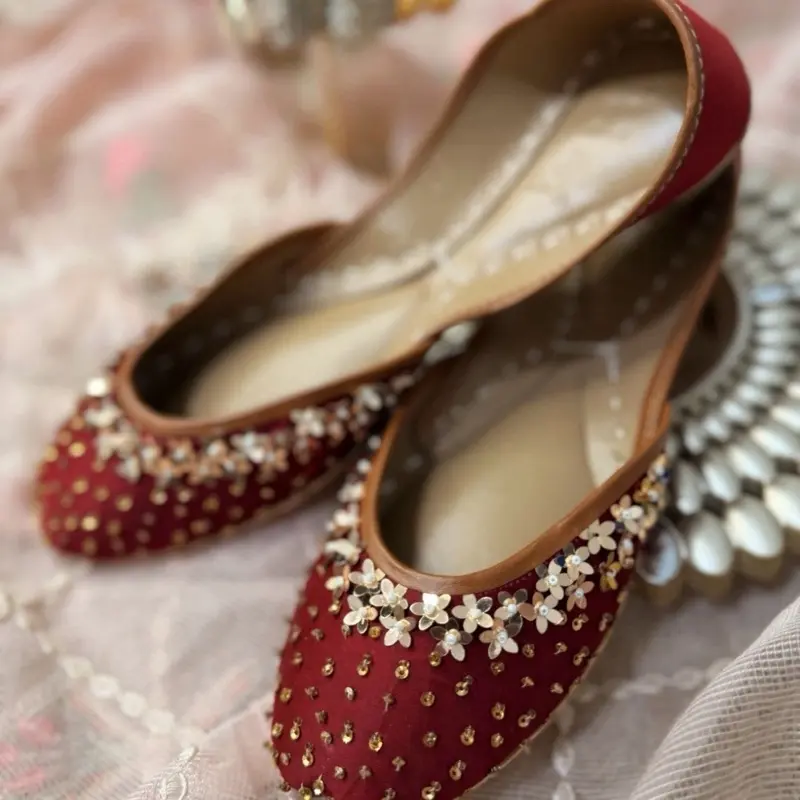 Black Pink Orange Beaded Embroidered Flats for Women, Slip-On Closed Toe Indian