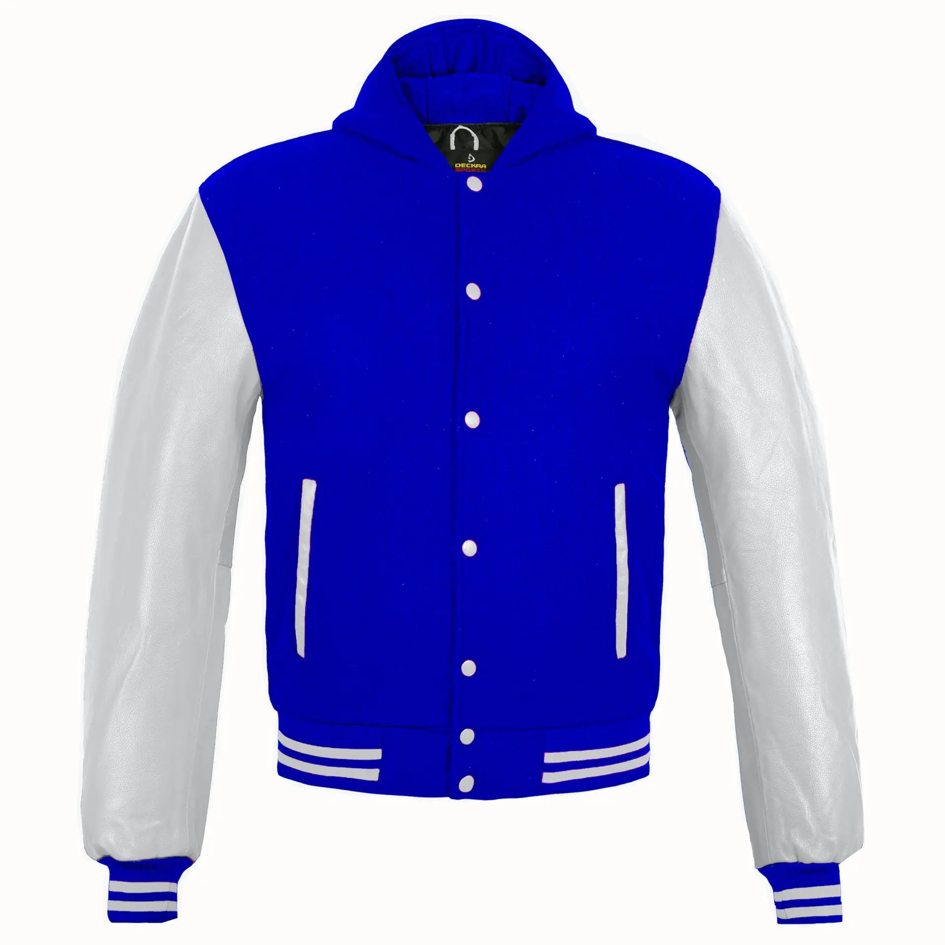 Deckra Women's Handmade Varsity Hoodie Jacket - Lady's Sporty Chic Varsity Look Wool & Genuine Leather Button Front Top with Long Sleeves, Embroidery, Pockets, Polyester Blend, Football Fashion, Casual, Baseball, Coats, Outerwear, Longsleeves, Hooded Neck