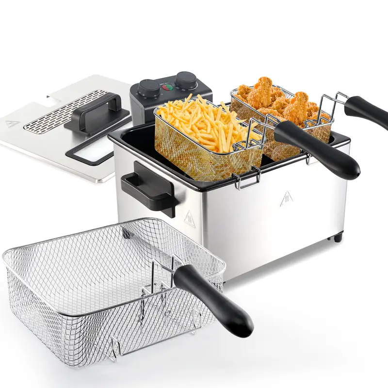 Kerilyn 3.2Qt/5.3Qt Deep Fryer with Basket, Stainless Steel Electric Oil Fryer 1700W Electric Deep Fryer with Time & Temperature Control for Home Use, 3 Frying Baskets, Lid with View Window and Odor Free Filter, Stainless Steel,
