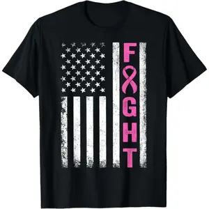 [100% Cotton] Fight Breast Survivor American Flag Breast Cancer Awareness Women  Men T-Shirt short sleeved T-shirt  Golf Gift T-Shirt For Men and Women