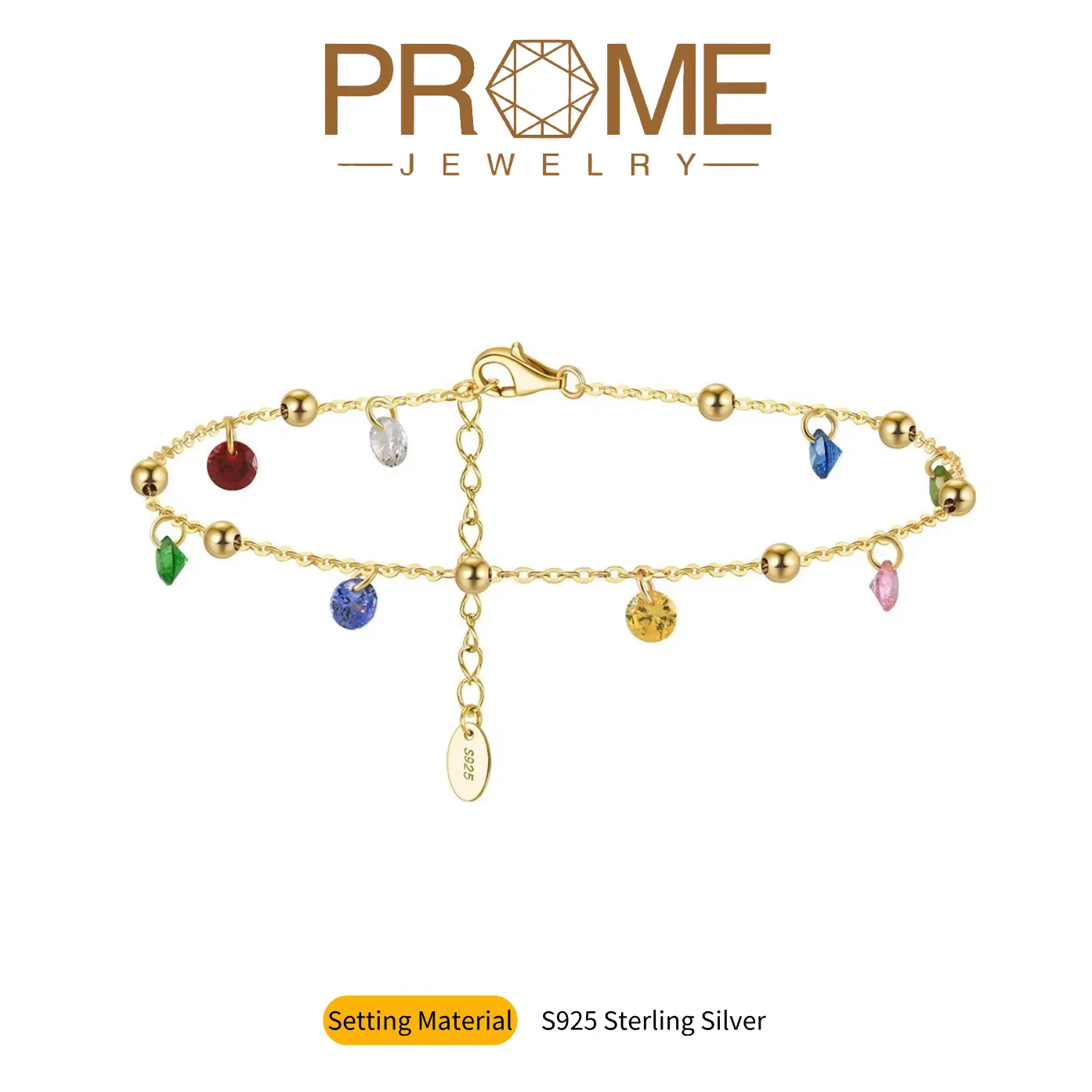 (SA010) S925 Sterling Silver Rainbow Zircon Ankle Bracelet, Adjustable Length, Sparkling Trendy Fine Jewelry, Stackable Bracelet, Perfect Gift for Women's Daily Wear