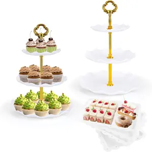 6 Pcs Cupcake Stand Dessert Table Display Set 2 Pcs 3 Tier Cake Stand Holder 4 Pcs Dessert Serving Tray Cookie Platter Rack for Tea Wedding Baby Shower (Round White; Gold rods)