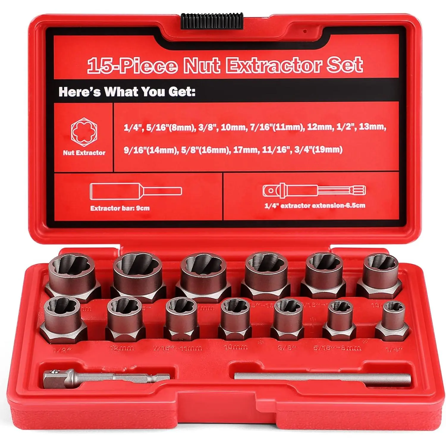 15- Bolt Extractor Set, 3/8'' Drive Easy Out Bolt Extractor Set, Stripped Bolt Remover Nut Extractor Set for Damaged, Frozen, Rusted Sockets, Rounded-Off Bolts, Nuts & Screws