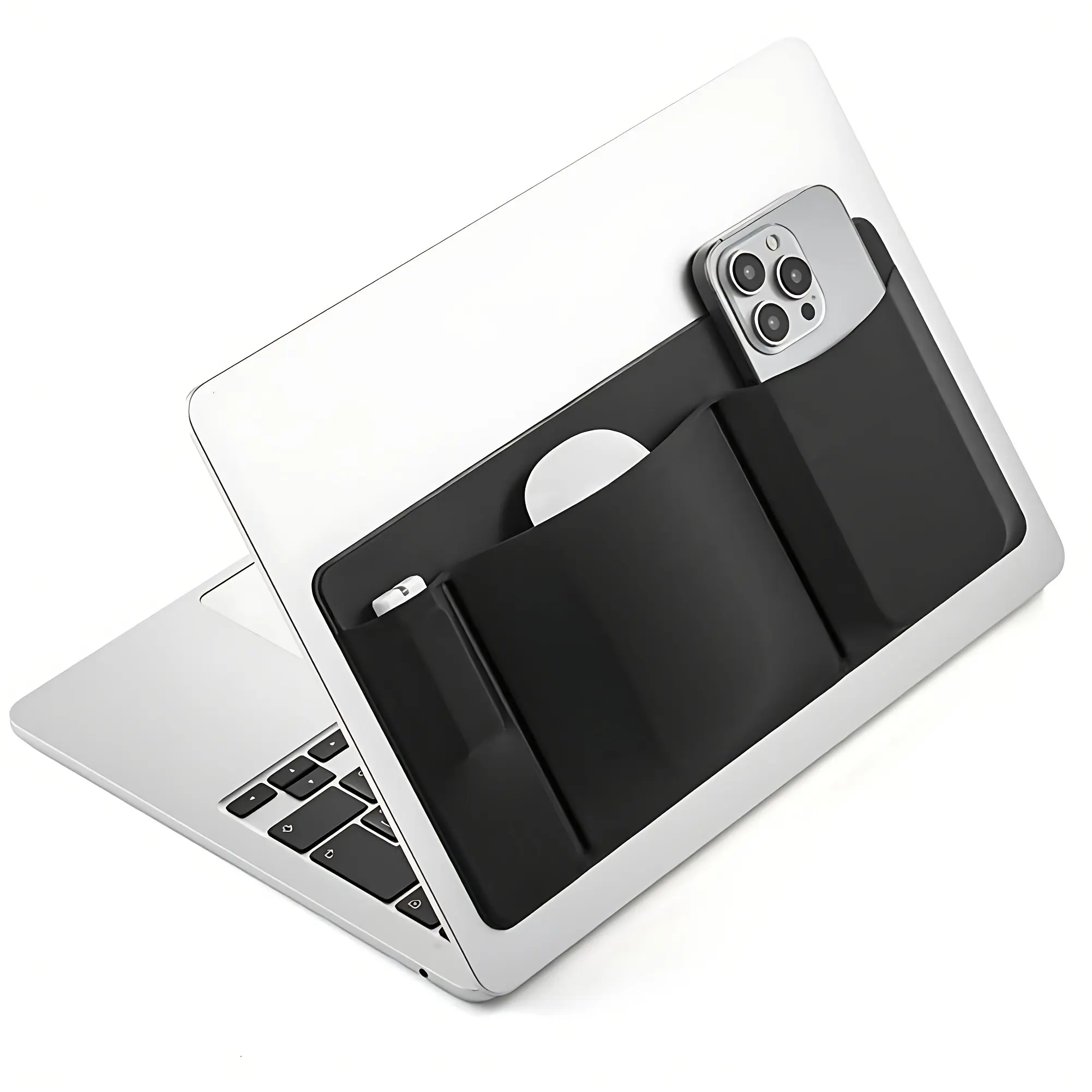 3-Pocket Laptop Mouse Organizer Bag - Suitable for Storing Phone, Capacitive Pen & Mouse Multi-Functional Storage Pouch, Adhesive Storage Bag for MacBook and Laptops - Business Style Versatile Black Tech Accessories