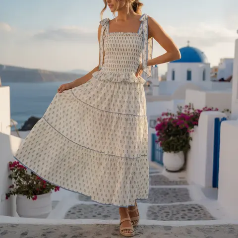 Women's Floral Print Tiered Maxi Dress, Square Neck Tie Shoulder Smocked Bodice Flowy Boho Long Dress for Summer Beach Vacation