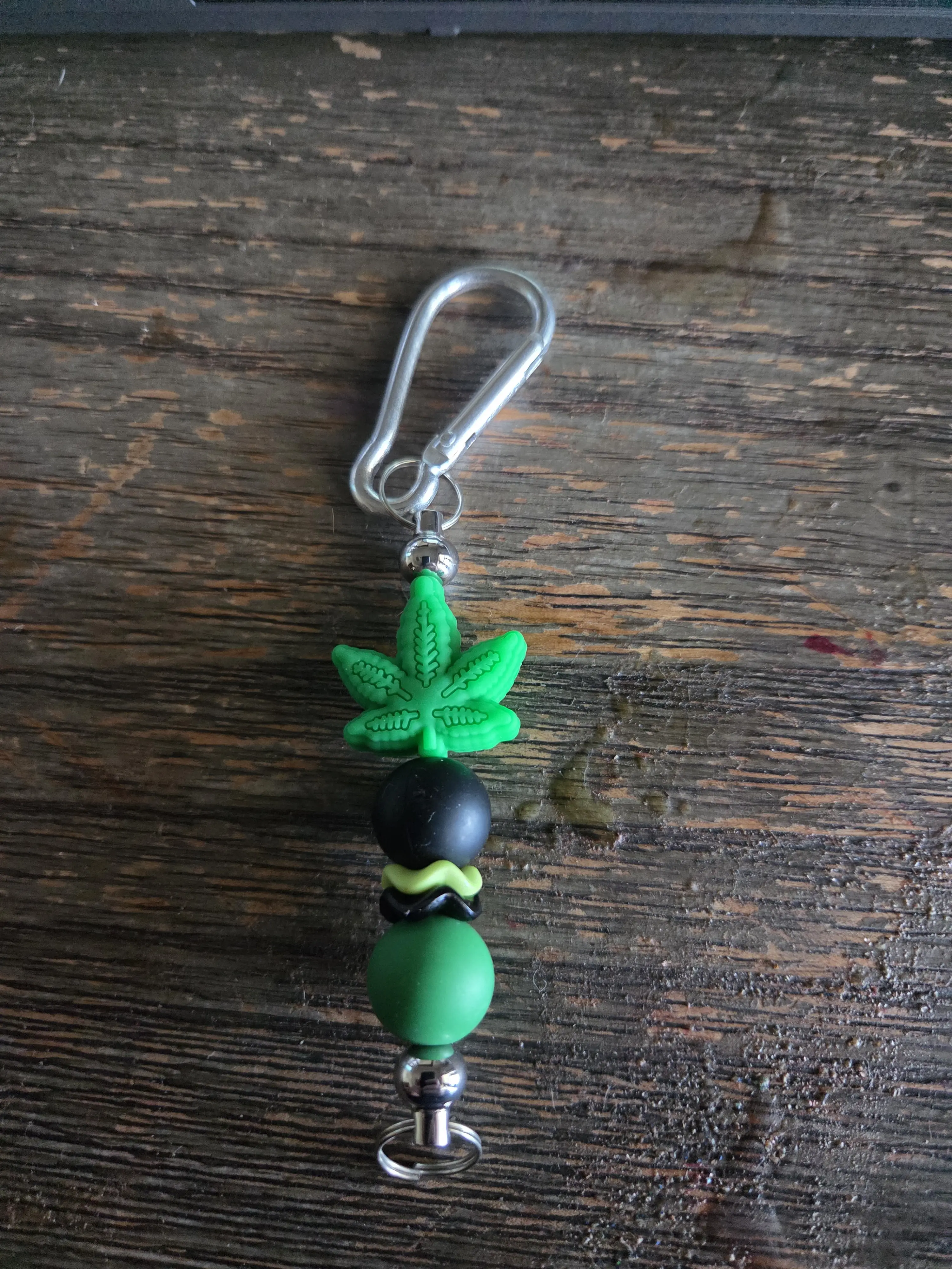 Green Leaf Keychain with Black and Green Beads and Silver Carabiner Hook