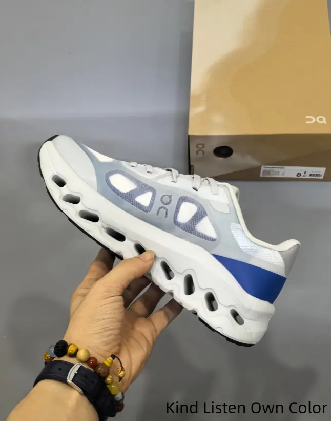 Thin perforated mesh athletic shoes in white blue keep feet cool and dry during high-intensity gym workouts and steady brisk walking