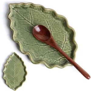 Cute Green Leaf Shaped Ceramic Spoon Rest for Stove Top and Kitchen Countertop, Multi-functional Cooking Utensil Rest Spatula Rest (Green)