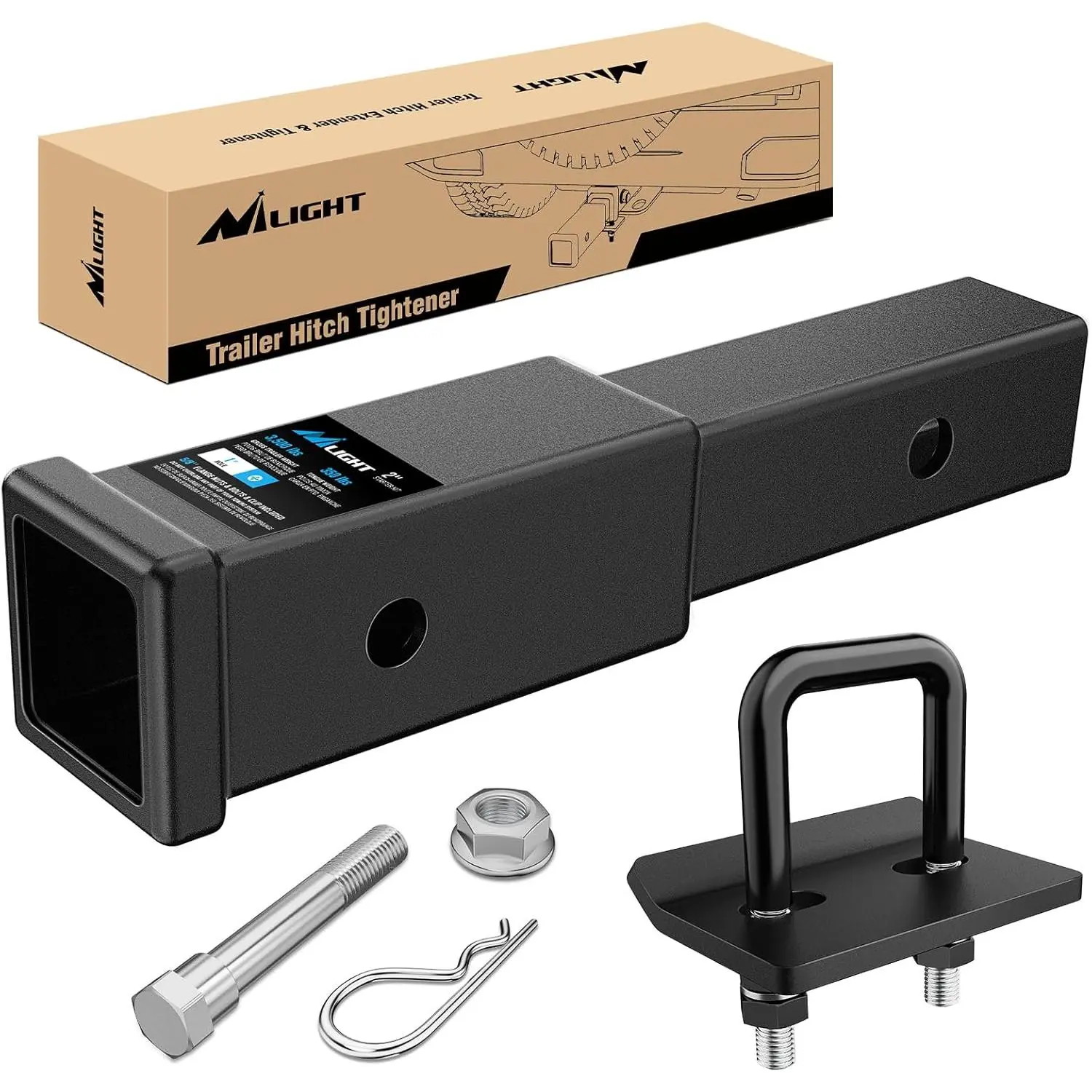 Nilight 7-Inch Anti-Rattle Trailer Hitch Extender with Stainless Steel 5/8-Inch Bolt Nut Clip Hitch Tightener Kit, 2" Class 3/4 Receiver Compatible, 3500lb GTW, Matte Black, UV-Protected, Durable, Easy Outdoor Towing Install, 7 Inches