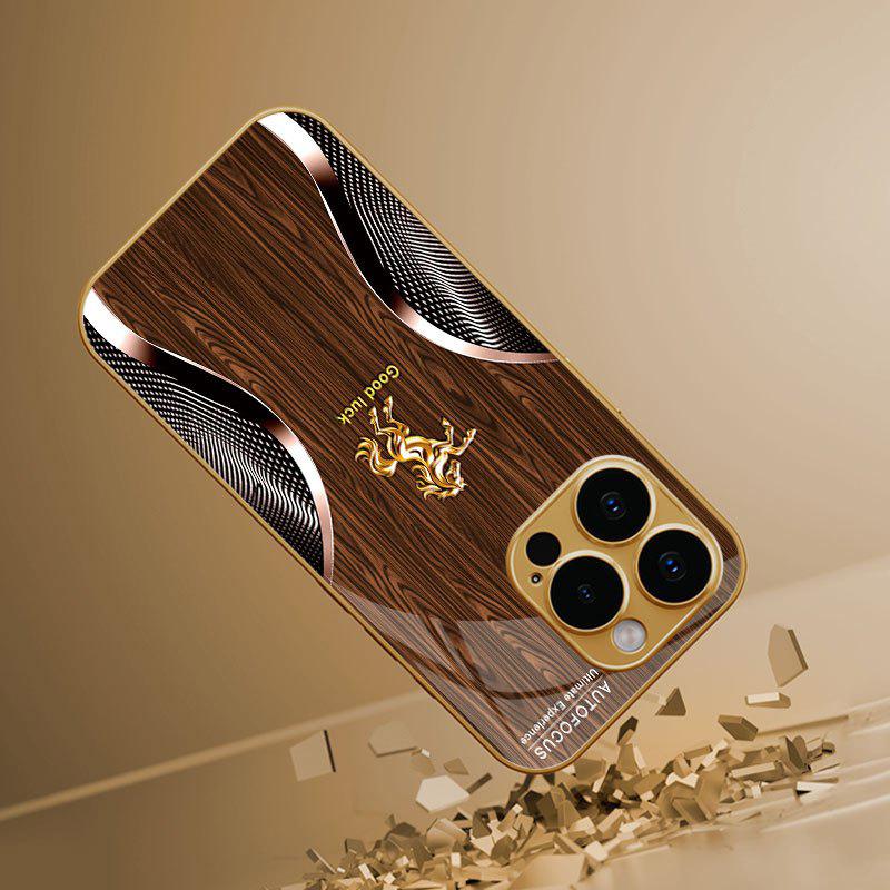 Phone Case - Wooden Background with Curved Golden Horse, Aesthetic High-End Personalized Pattern Plated Glass Phone Case for iPhone 17/16/15/14/13/12/11 and Samsung Galaxy S26/S25/S24/S23 A series, Fashionable Aesthetic 995