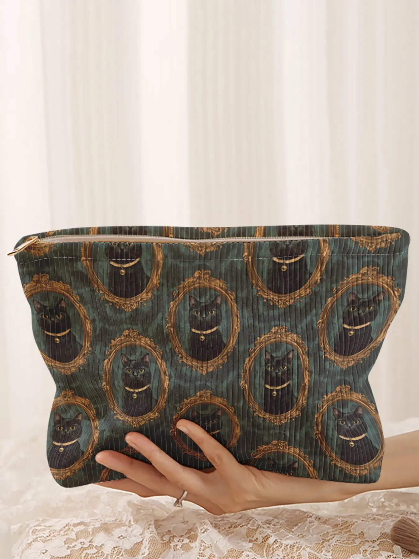 Cute Cat Printed Corduroy Makeup Bag, Cartoon Style, Lightweight Multi-Functional Fashion Casual Cosmetic Pouch, Travel Organizer