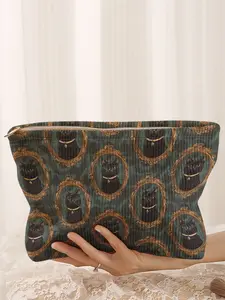 Cute Cat Printed Corduroy Makeup Bag, Cartoon Style, Lightweight Multi-Functional Fashion Casual Cosmetic Pouch, Travel Organizer