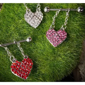 PAIR 14g Gem Heart Dangle Nipple Rings Shields Barbells Body Piercing Jewelry