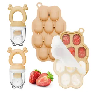 Baby Food Feeding Set 4 Piece, 2 Silicone Ice Cube Molds, 2 Baby Teething Toys, Fruit Self-Feeding Accessories