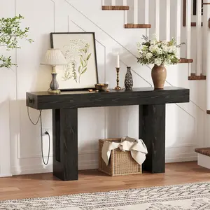 YJ-Garvee 63 Inch Console Table with Power Outlet, Extra Long Sofa Table Behind Couch with USB & Type c Ports, Narrow Entryway Table for Hallway, Entrance, Living Room, 33.3" High, Black