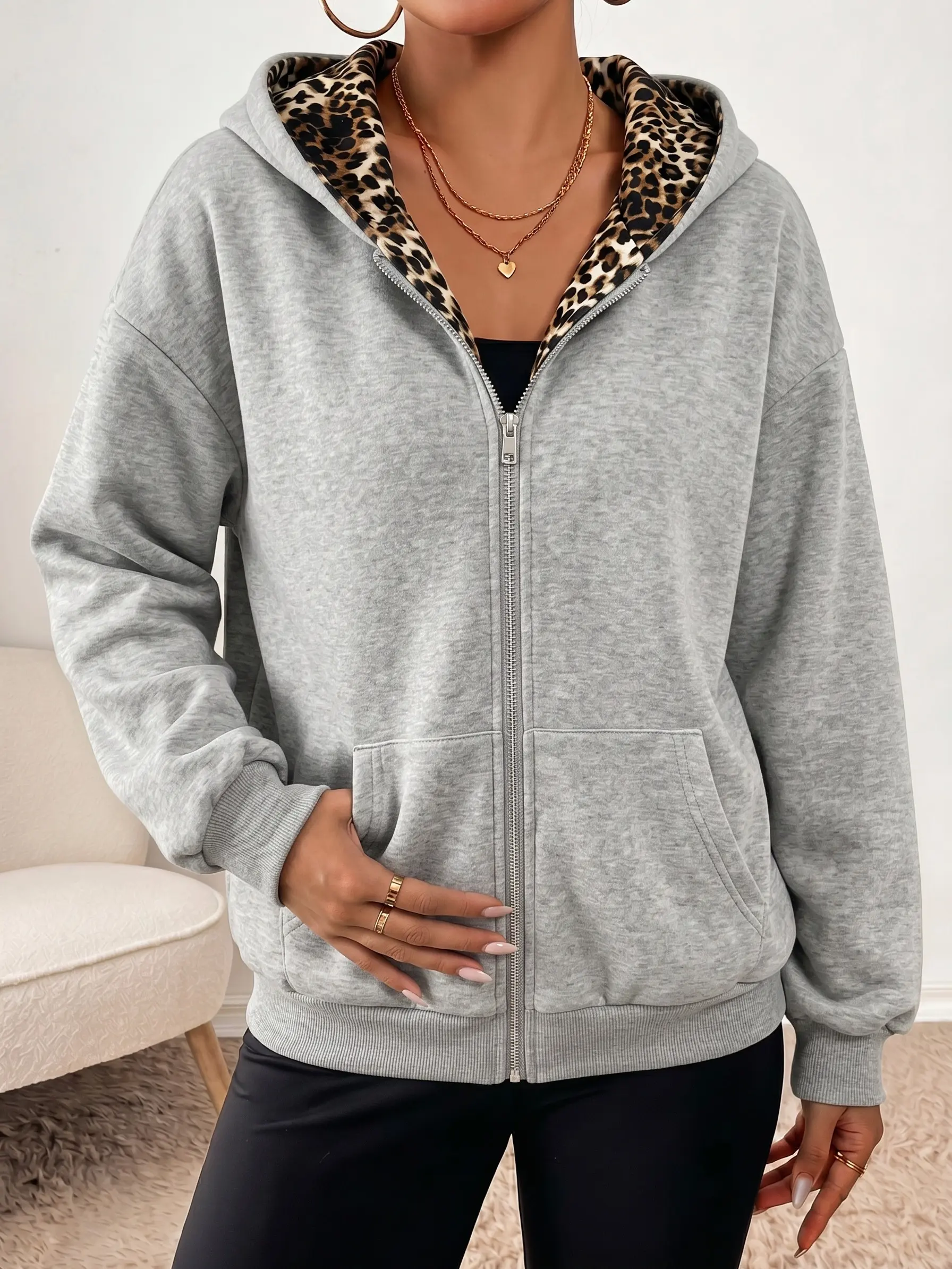 Women’s reversible leopard print zip-up hooded sweatshirt jacket made from a soft cotton blend; casual outerwear suitable for women’s everyday wear, dates/night outings, light business office wear, home leisure, and street style outfits.