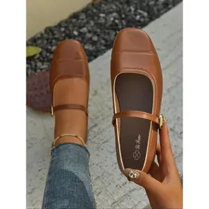 Women's buckle flat shoes, square toe casual shoes, spring and autumn comfortable PU leather pullover, daily shoe wear