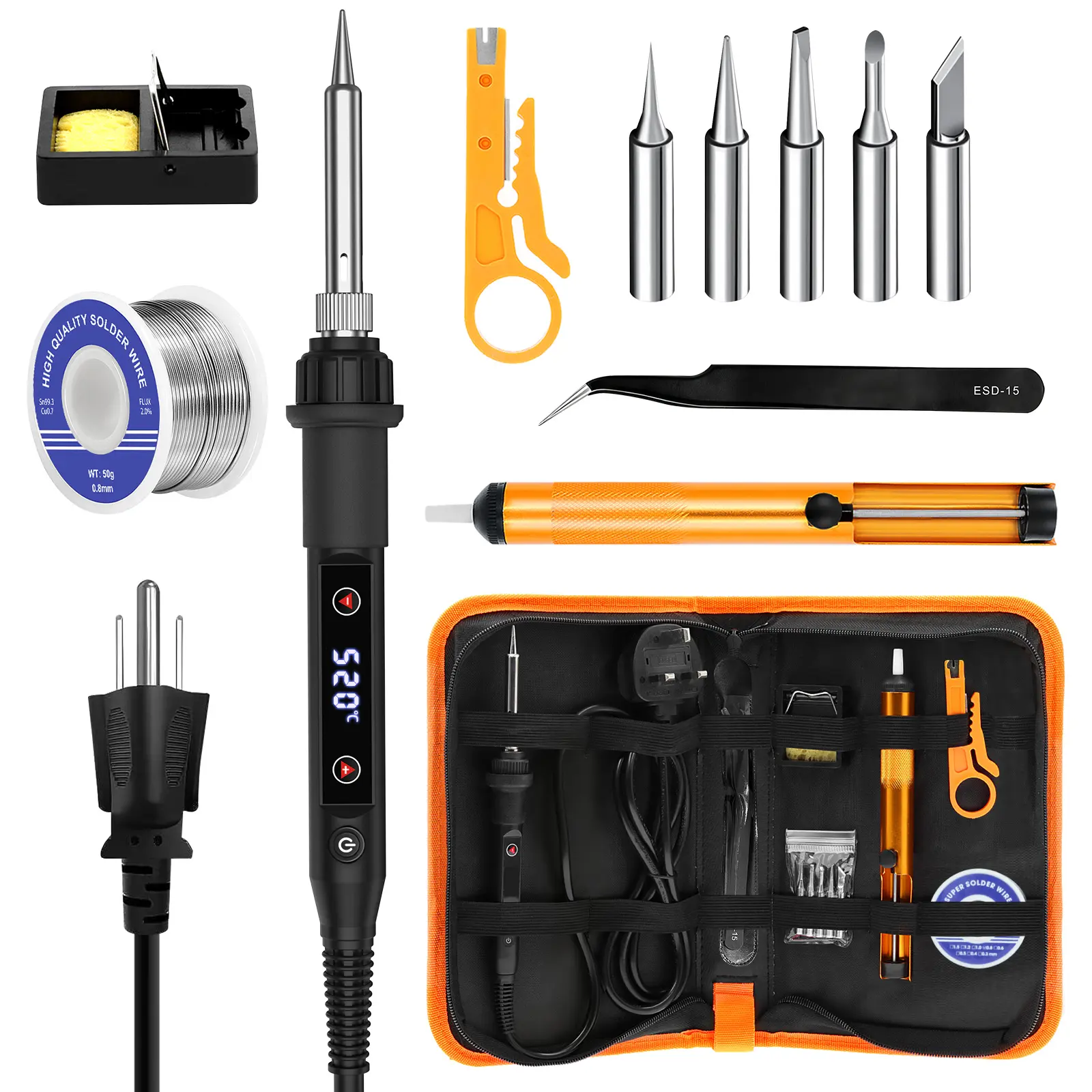 80W Power LED Adjustable Temperature Electric Soldering Iron Full Set - 15s Quick Heat Welding Tool (356-968℉) with Solder Wire, 5 Tips, Desoldering Pump, Stand, Tweezers for Precision Electronics Repair Work