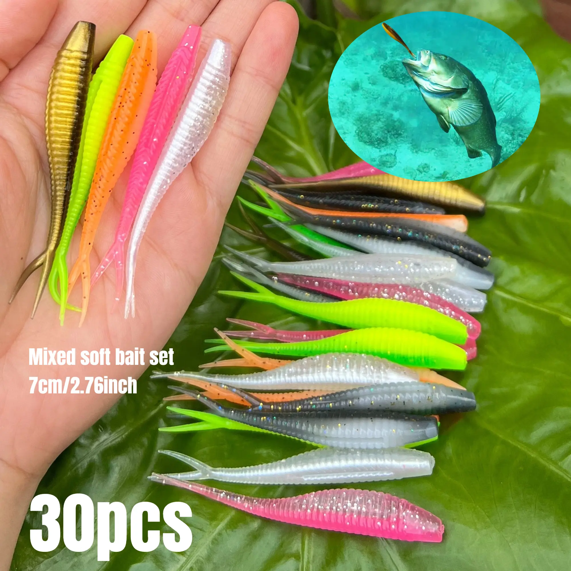30pcs Lure Mixed Color Soft Bait Set 7cm/2.76 inch Outdoor Artificial Fishing Lure Fishing Lures Essentials Set Fishing Lures Kit is suitable for freshwater, seawater, and other fishing scenarios Fishing Gear and Equipment