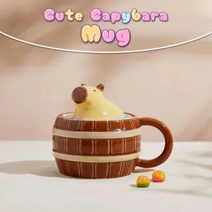 3D Waterhog Mug with Lid and Handle, Hand-Painted Ceramic Coffee Tea Cup, Cute Animal Design, Creative Cartoon Waterhog Cup